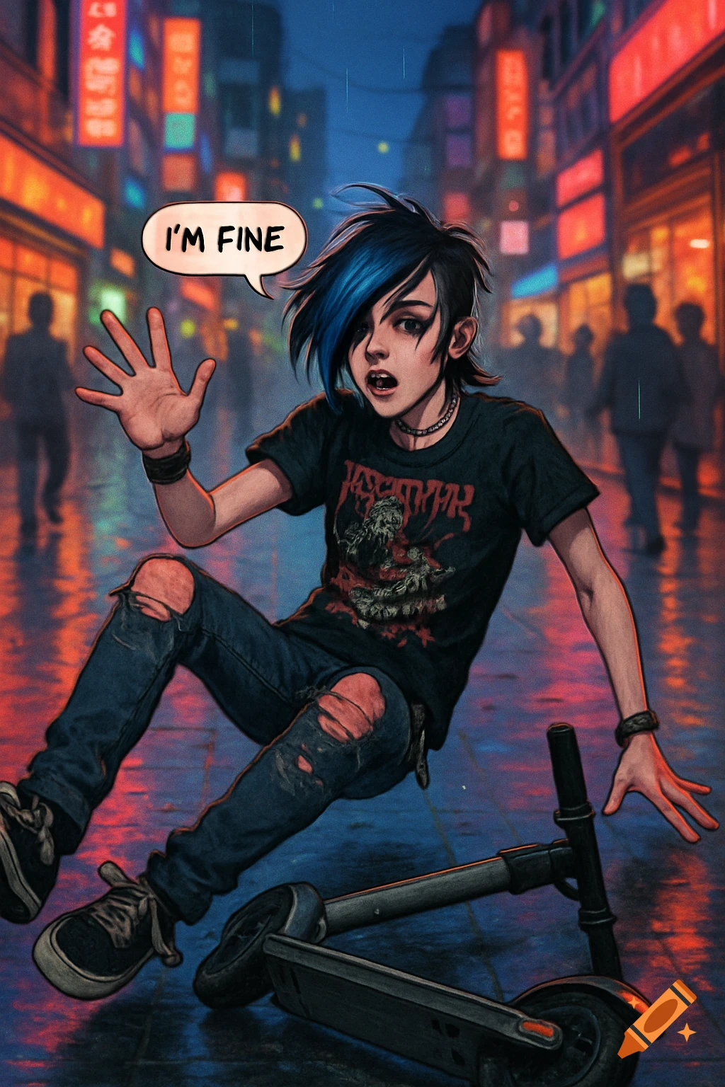 An emo youth with blue-streaked black hair falls next to a scooter on a wet, neon-lit city street, raising a hand and saying "I'M FINE" in a speech bubble.