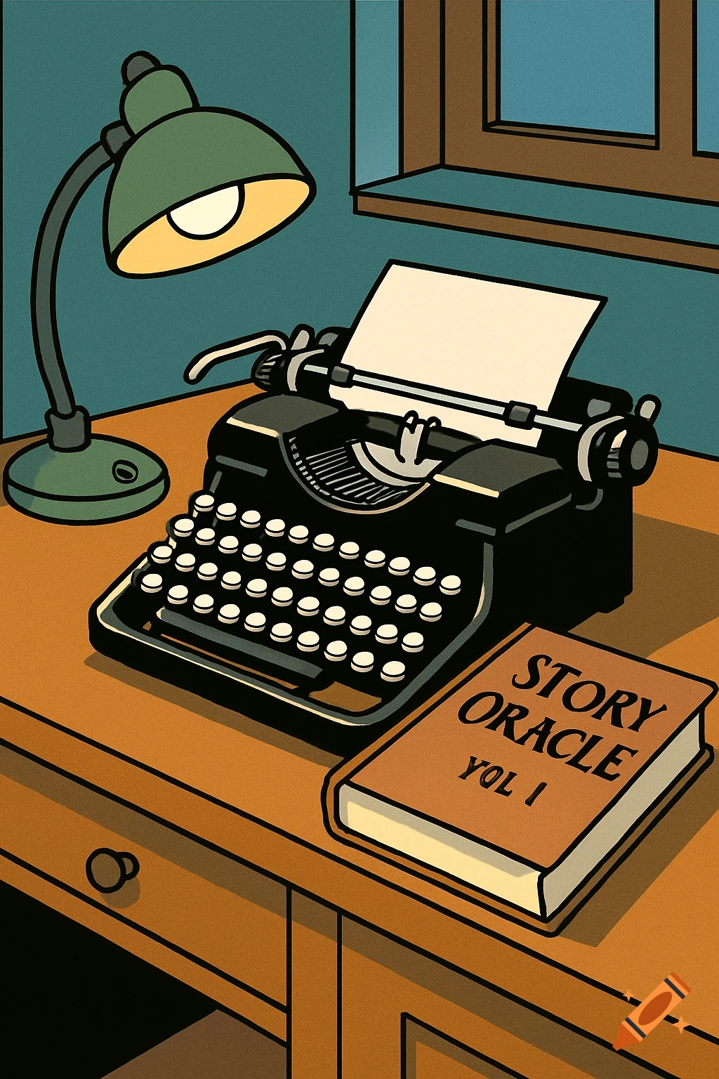 A vintage desk lamp illuminates a black typewriter with a blank page and a book titled "Story Oracle Vol 1" on a wooden desk, in a comic panel style.