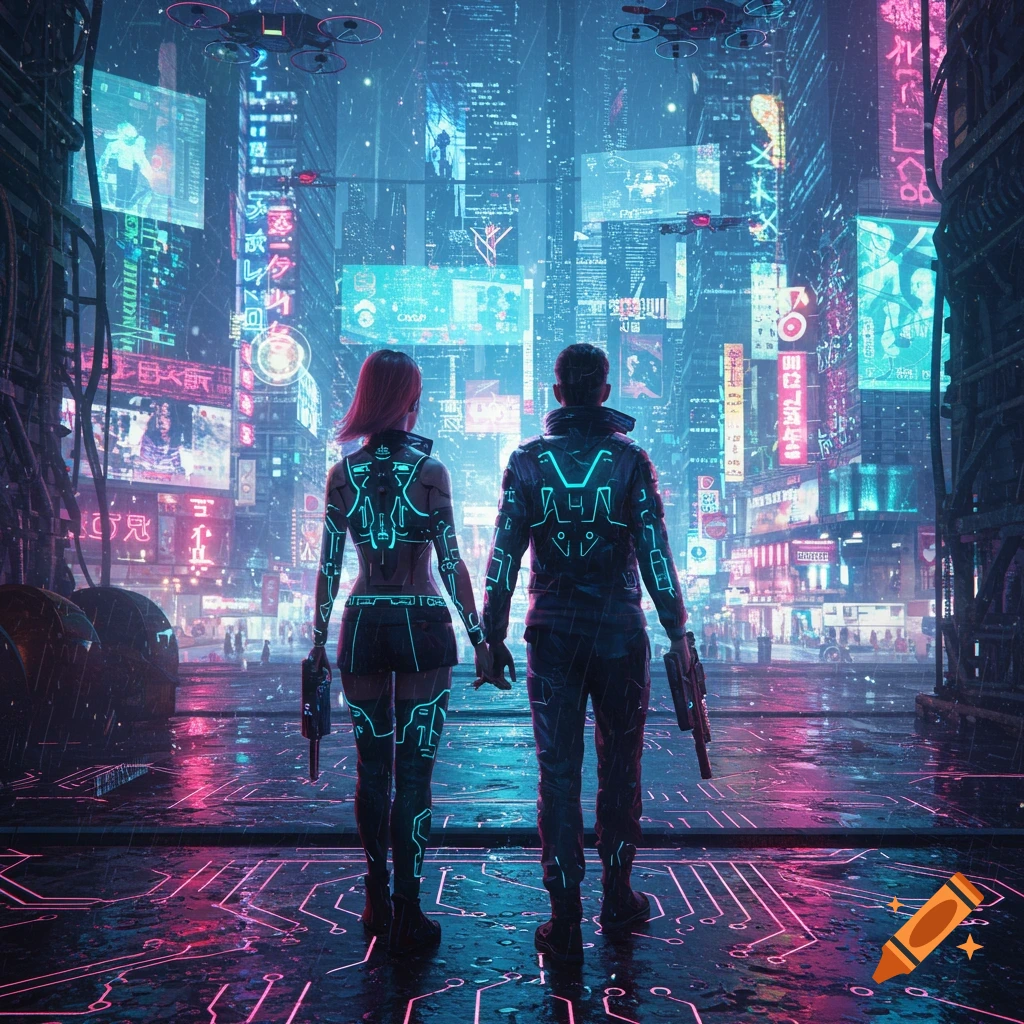 A man and woman in glowing circuit-patterned suits hold hands, looking into a neon-lit futuristic cyberpunk city street.