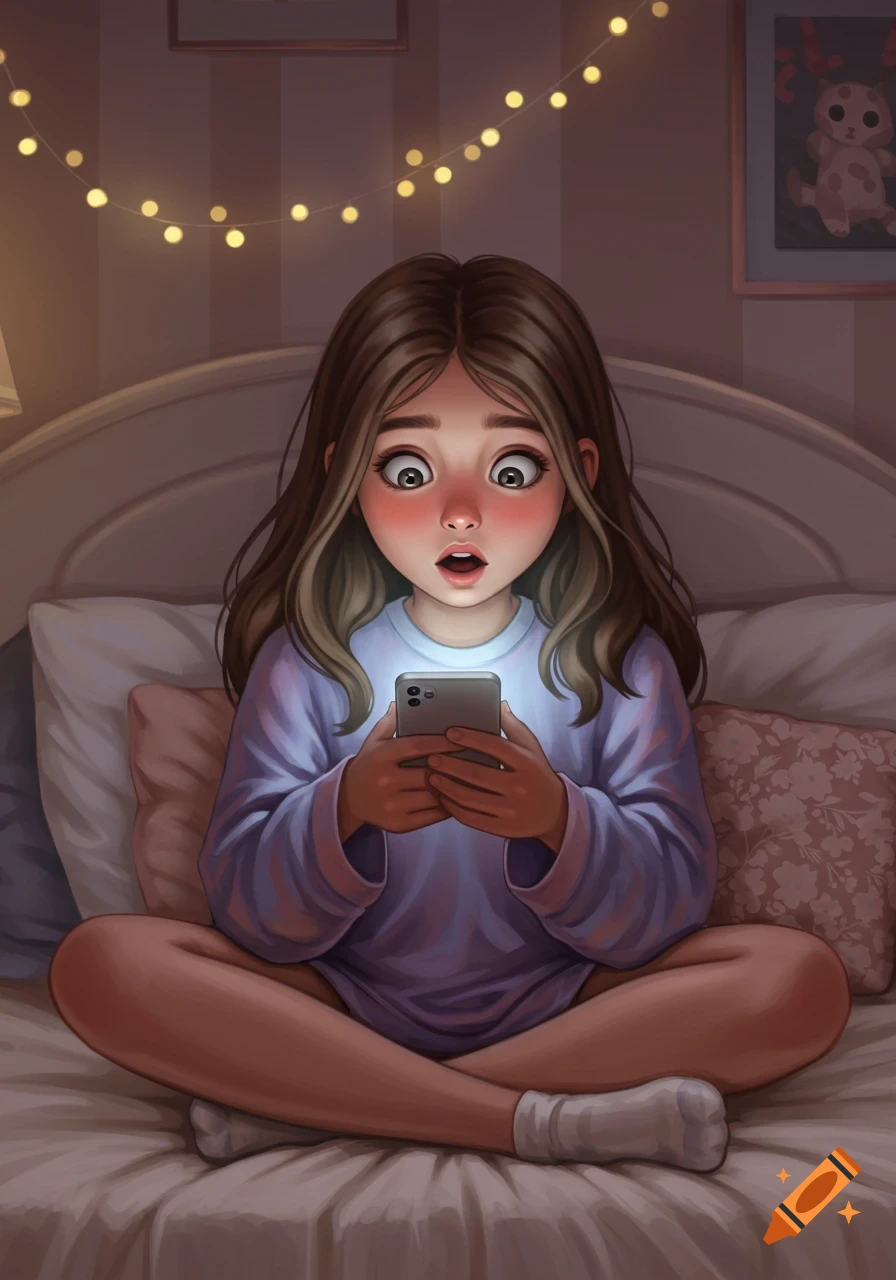 A cartoon illustration of a surprised young girl sitting cross-legged on a bed in a dimly lit room, staring at her glowing smartphone.