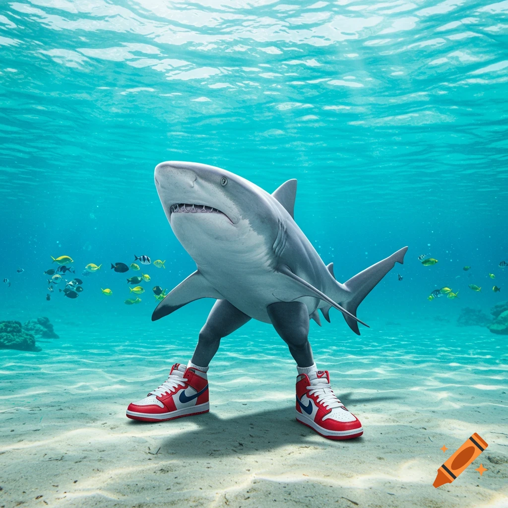 A cool shark with human-like legs wearing red and white Nike sneakers stands confidently on the sandy ocean floor amidst schools of fish in clear blue water. Photorealistic style.
