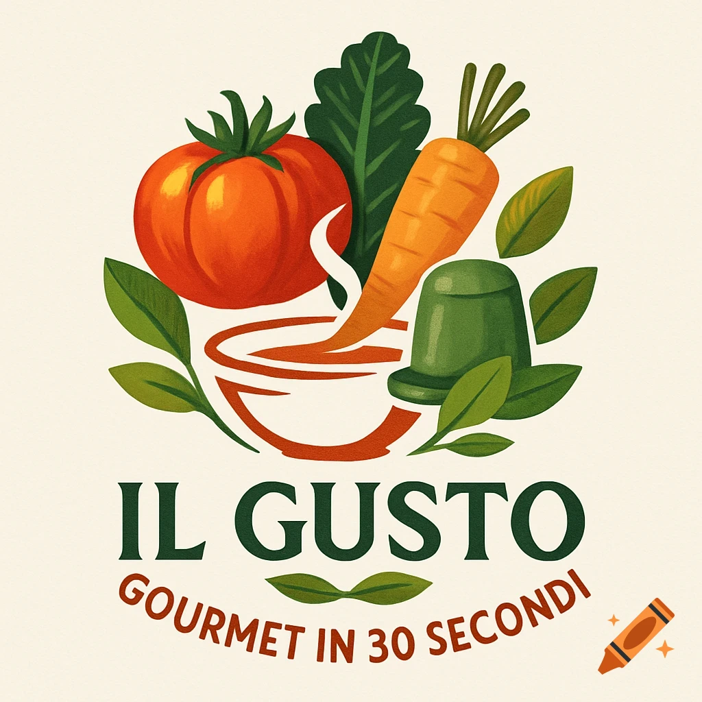 A vibrant logo featuring a tomato, carrot, and green leaves around a bowl with steam and a green capsule. Text reads 'IL GUSTO GOURMET IN 30 SECONDI'.