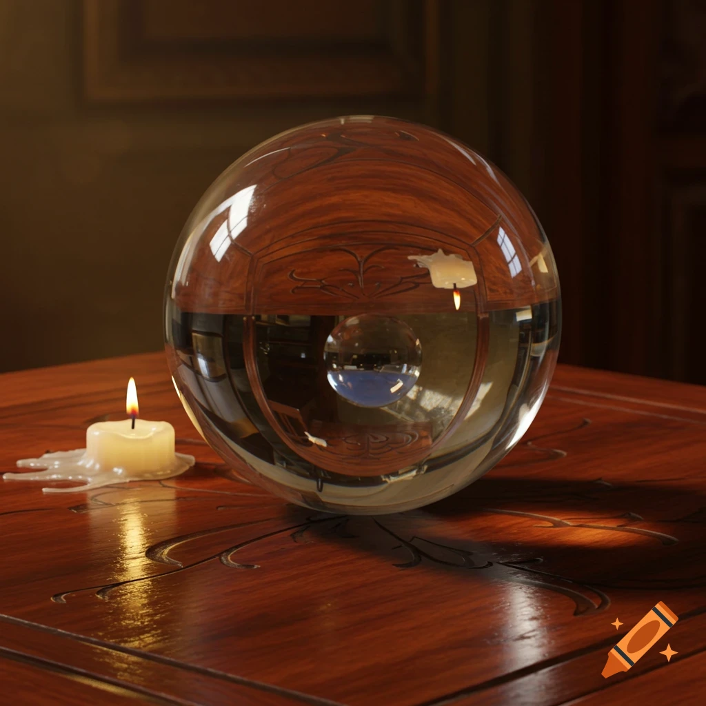 A clear glass sphere reflecting a wooden interior, sits on a carved wooden table next to a lit candle with melted wax.