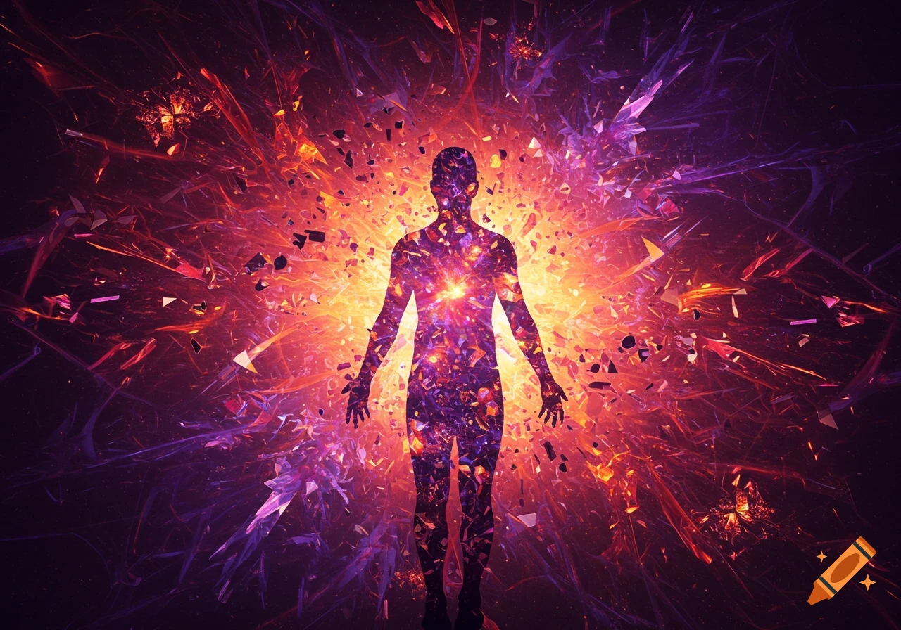 A human silhouette stands against a vibrant, exploding background of orange, red, and purple light with shattering particles.
