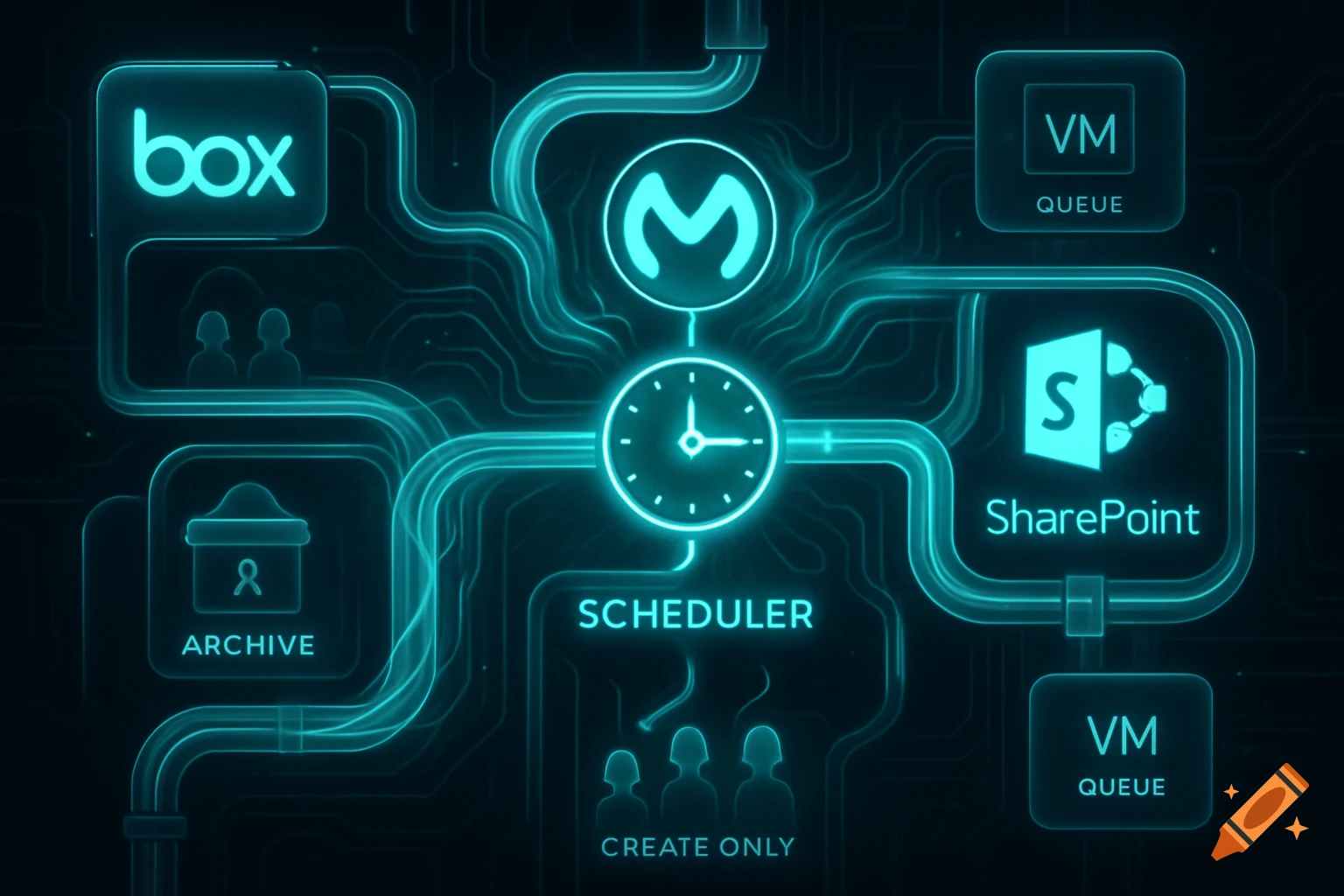 A glowing blue technical diagram illustrating data flow between Box, a MuleSoft 'M' logo, and SharePoint, including VM Queues, Archive, and Scheduler elements.