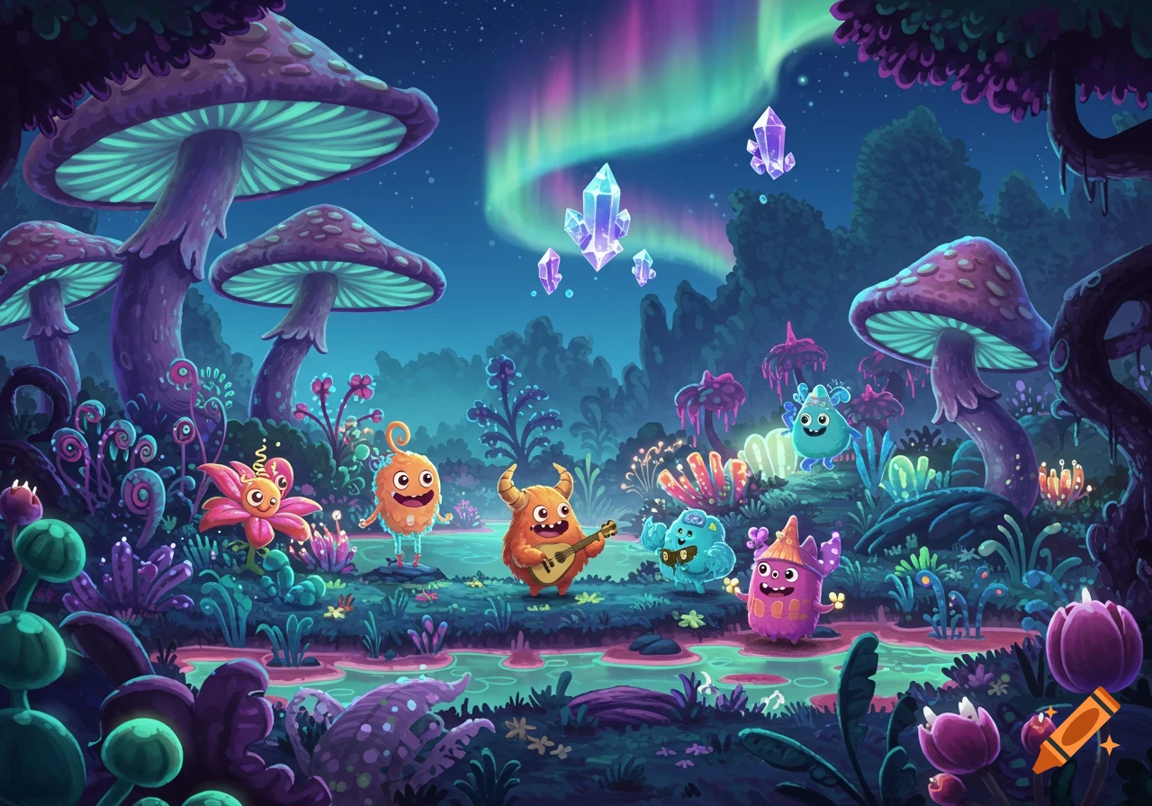 Cartoon monsters play music in a vibrant, glowing fantasy forest with giant mushrooms, crystals, and an aurora borealis in the night sky.