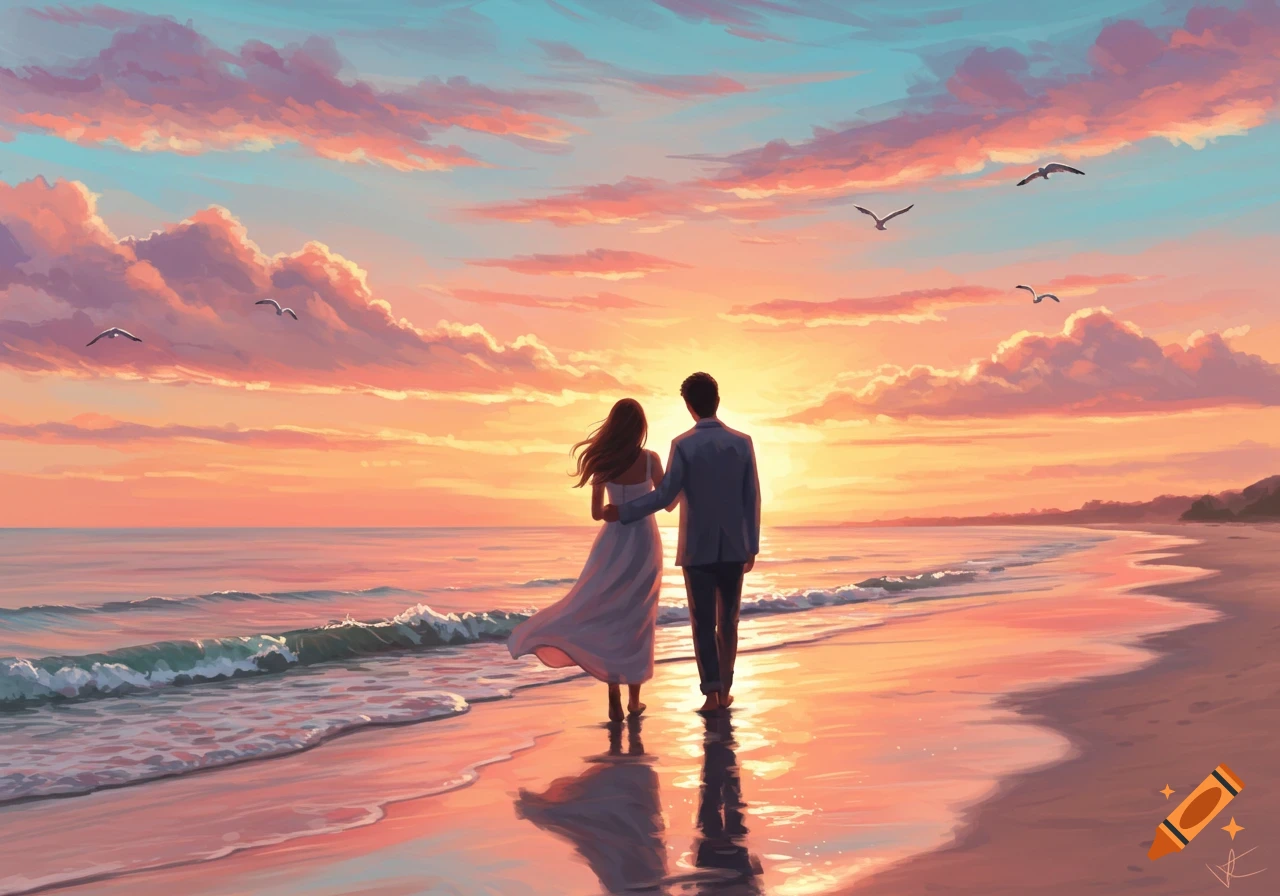 A couple walks arm-in-arm on a beach at sunset, with vibrant orange and pink clouds reflected in the wet sand, digital art.