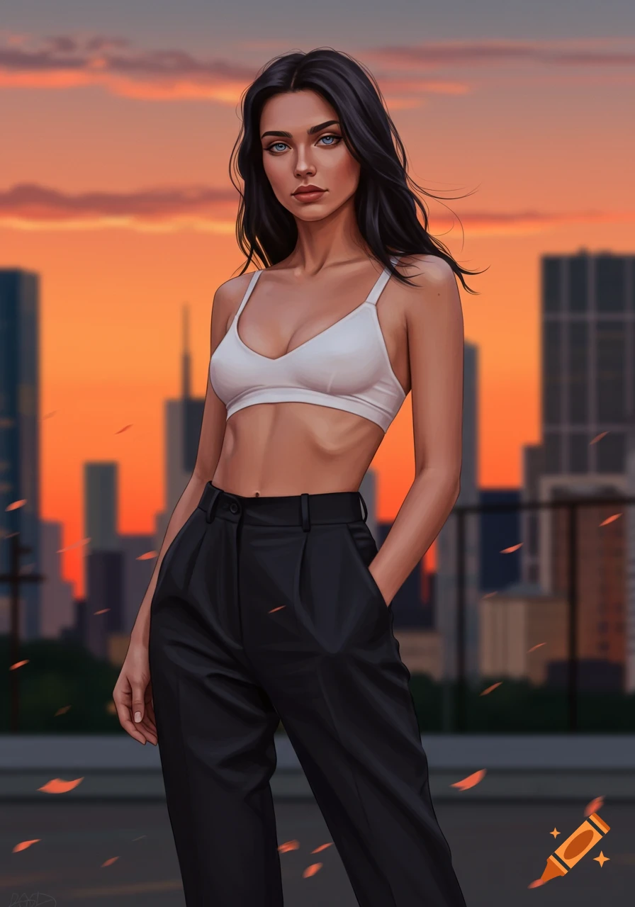 A digitally painted woman in a white bra and black dress pants stands against a sunset cityscape.