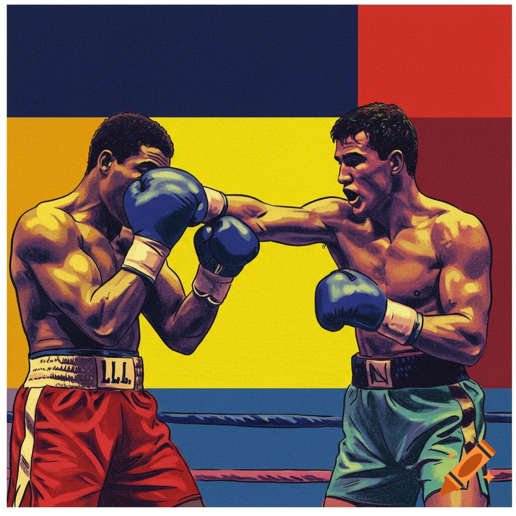 Two boxers in a ring mid-fight, rendered in a bold pop art style with a block color background.