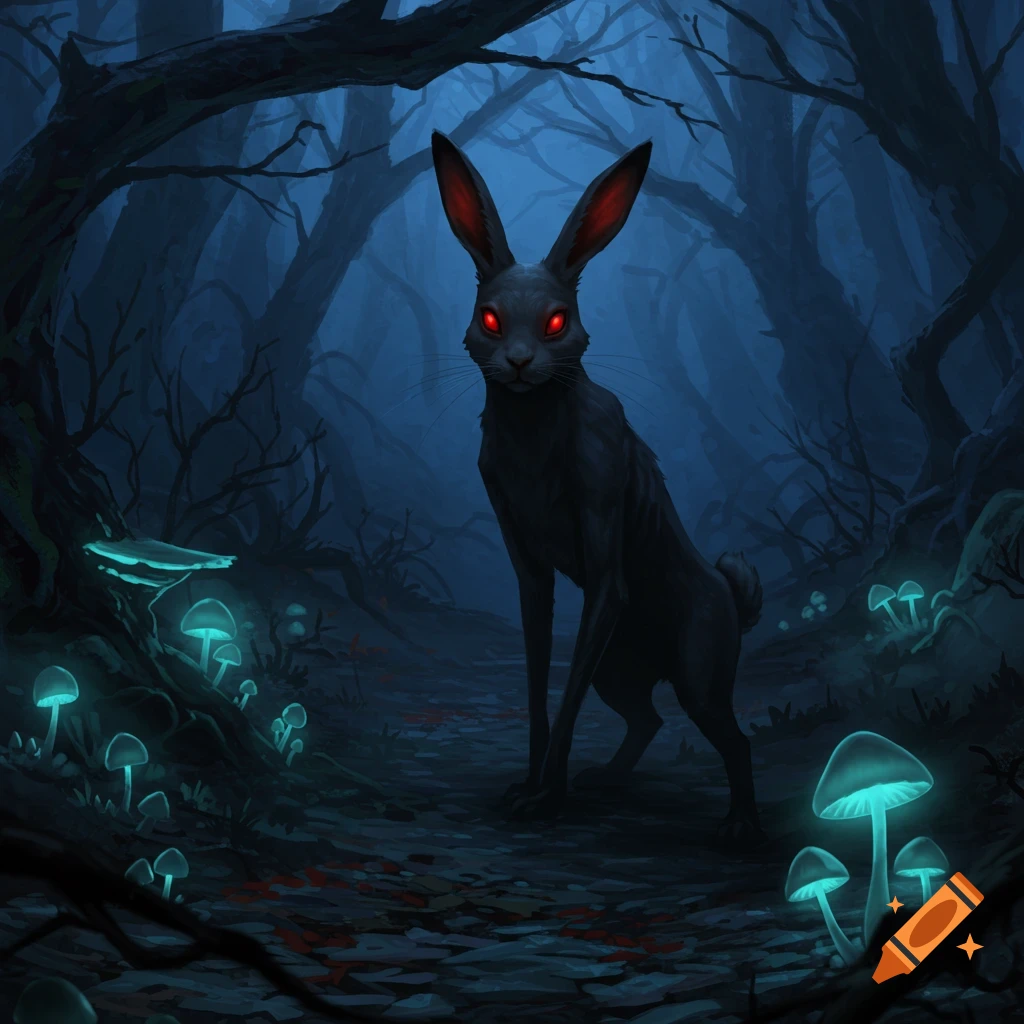 A black rabbit with glowing red eyes stands in a dark, eerie forest with glowing blue mushrooms and hints of blood on the ground.