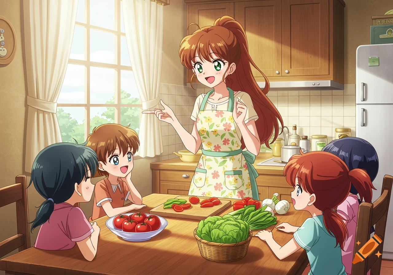 An anime woman in an apron teaches several children how to cook in a bright kitchen, with vegetables on a table.