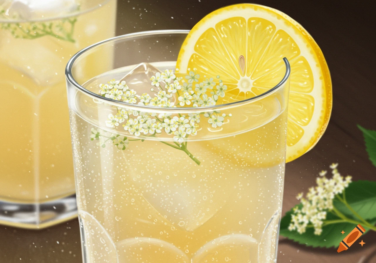 A close-up of a glass of sparkling lemonade with ice, elderflower blossoms, and a lemon slice on the rim, in a realistic style.