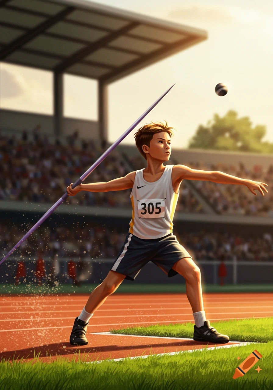 A young boy in a white and yellow singlet with number 305 and dark shorts, stands on a track holding a purple javelin, ready to throw during a javelin competition. A stadium with spectators is in the background under a sunny sky.