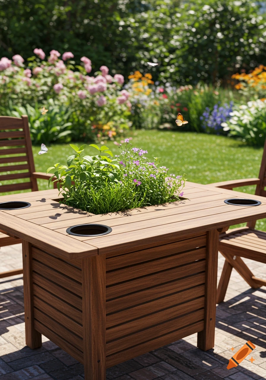A wooden outdoor table with a built-in plant bed and cup holders sits in a sunny garden with flowers and butterflies.
