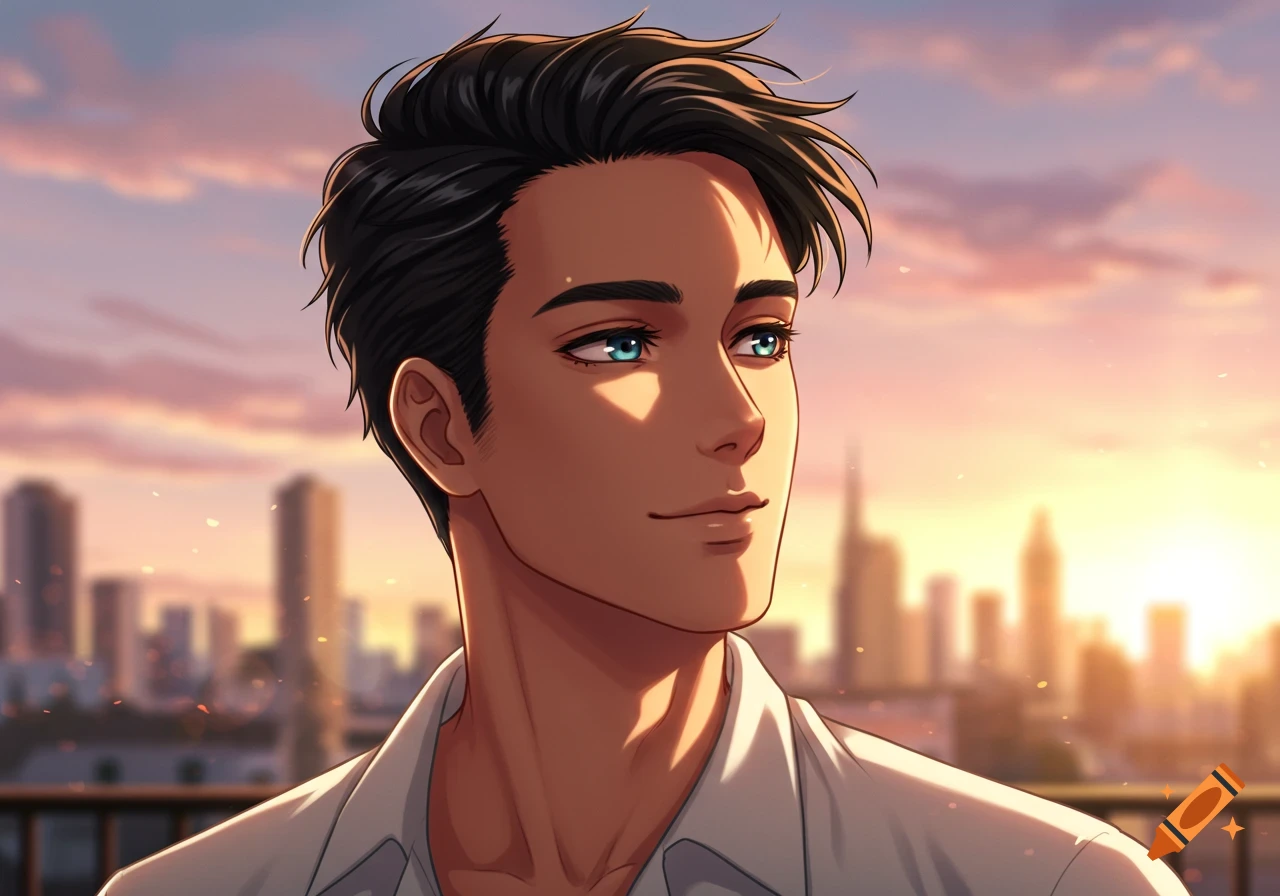 Anime portrait of a man with dark hair and blue eyes against a sunset city skyline.