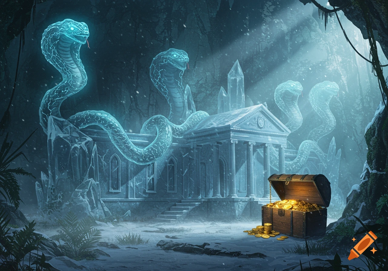 A glowing crystal castle with giant coiled serpent spires in a snowy cave, guarded by bioluminescent snakes, with a treasure chest overflowing with gold coins in the foreground.