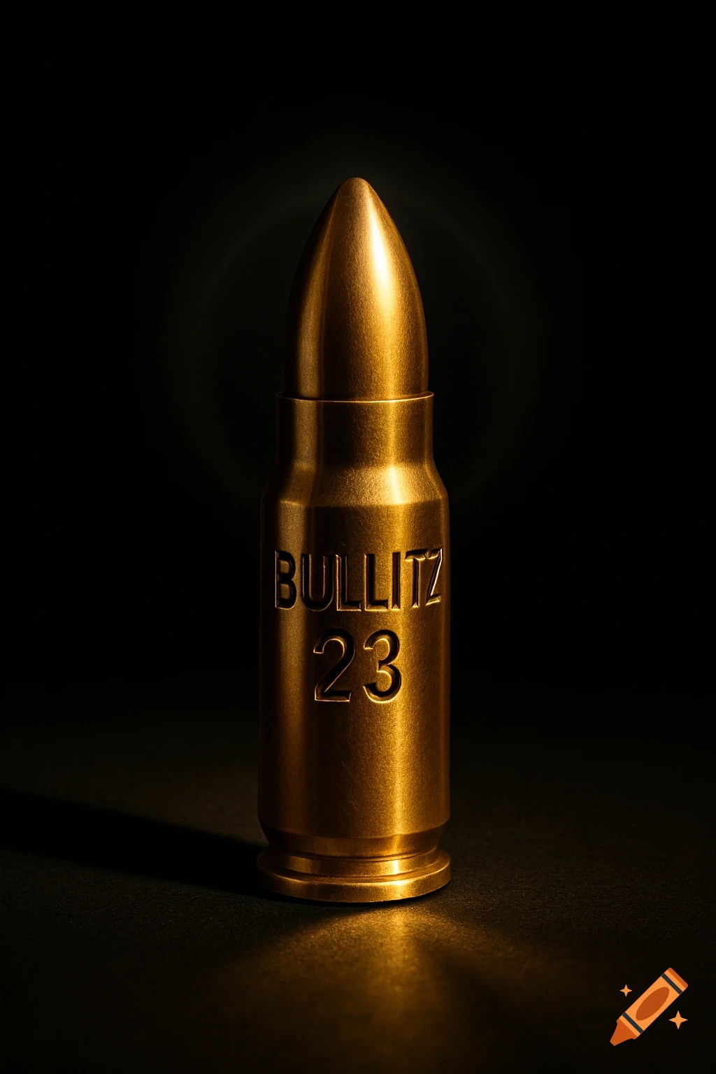 Photorealistic golden bullet with 'BULLITZ 23' engraved, dramatically lit on a dark background.
