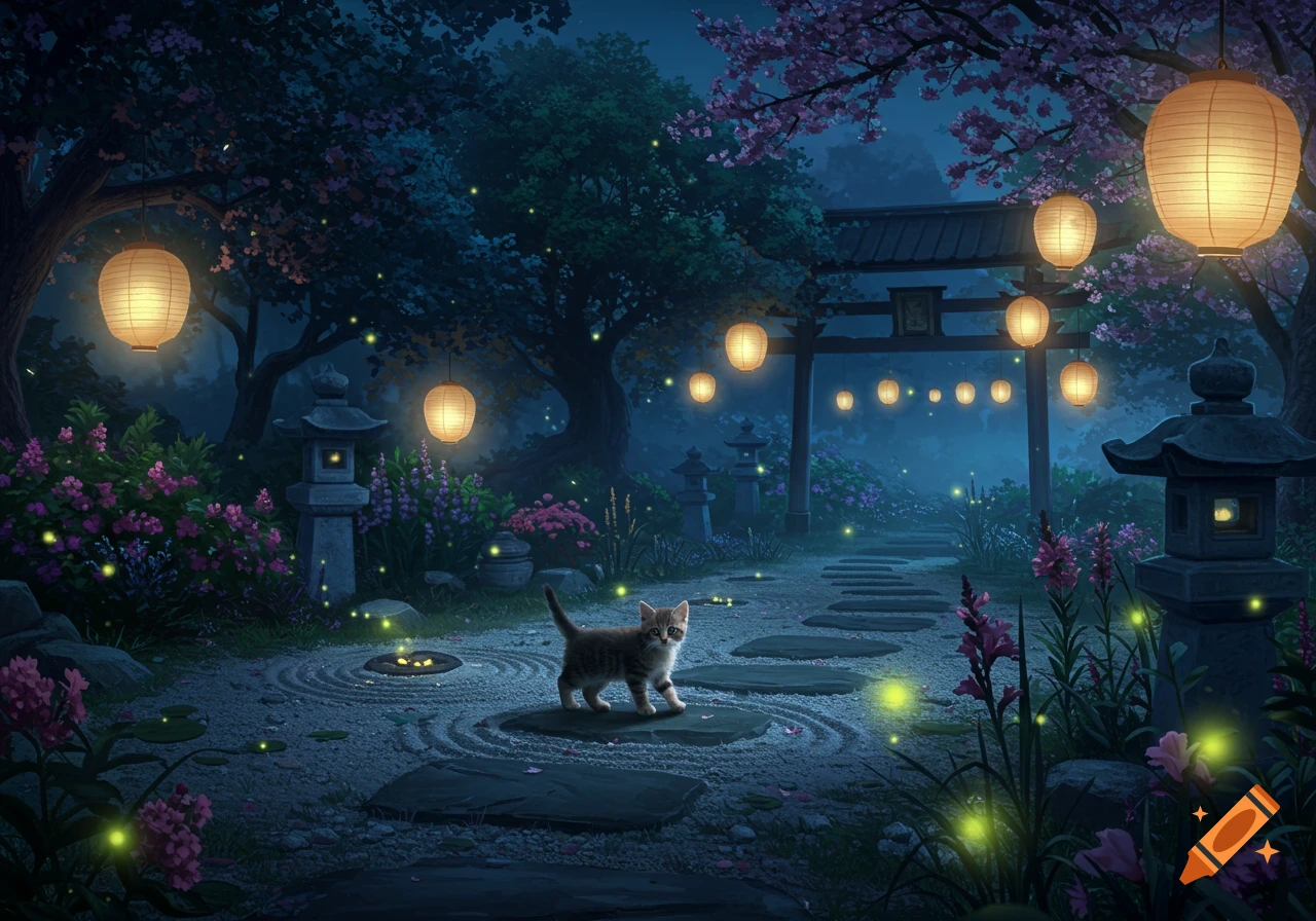A tabby kitten walks on stepping stones in a magical Japanese garden at night, illuminated by glowing lanterns, cherry blossoms, and fireflies.