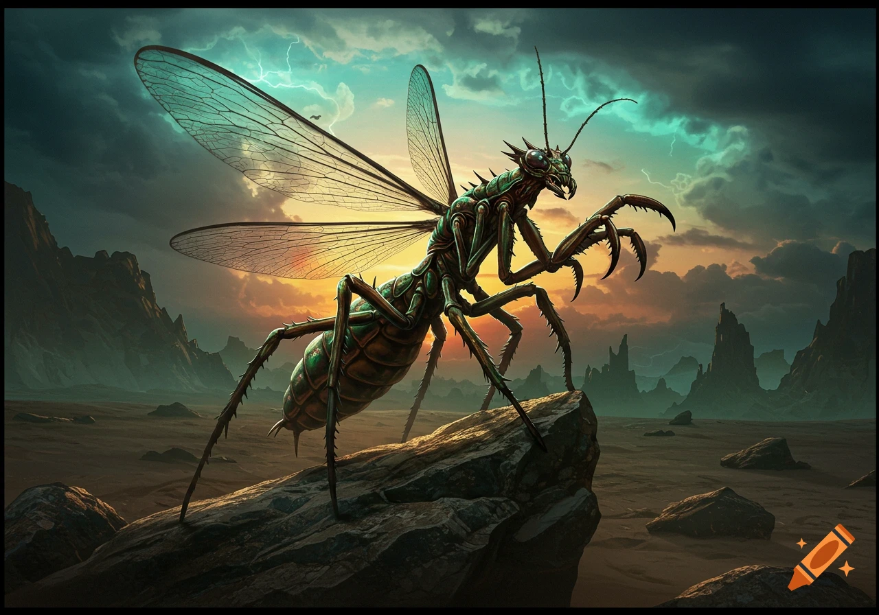 A large, green, spiky insectoid creature with prominent wings and claws stands on a rock in a stormy, barren landscape at sunset.