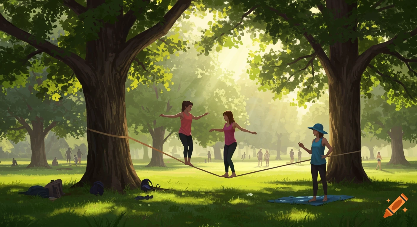 Digital illustration of two women slacklining between large trees in a sunny park, with a coach observing.