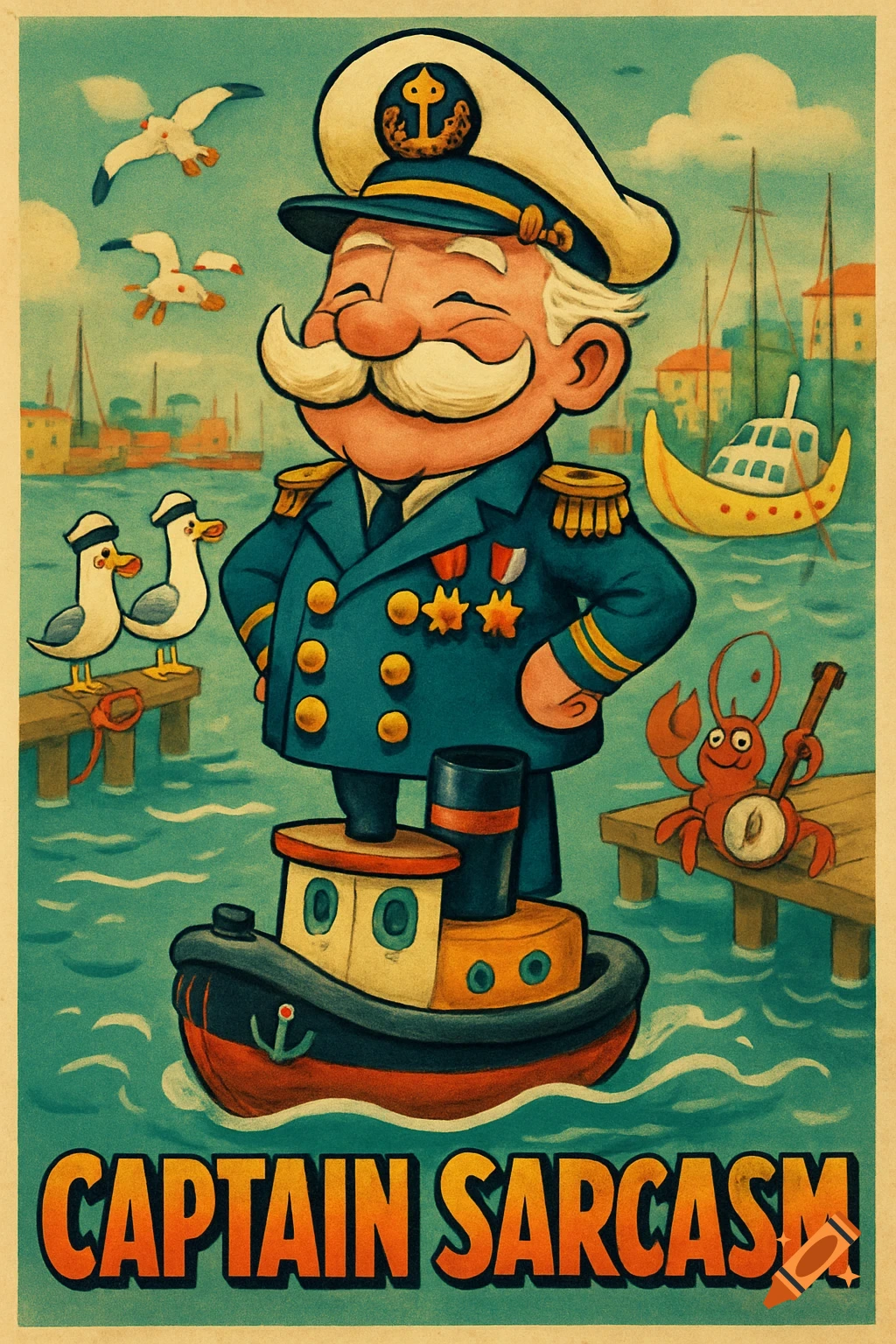 A vintage cartoon poster shows a happy sea captain with a mustache on a toy tugboat in a marina with a banjo-playing lobster and gulls. Text reads "CAPTAIN SARCASM".