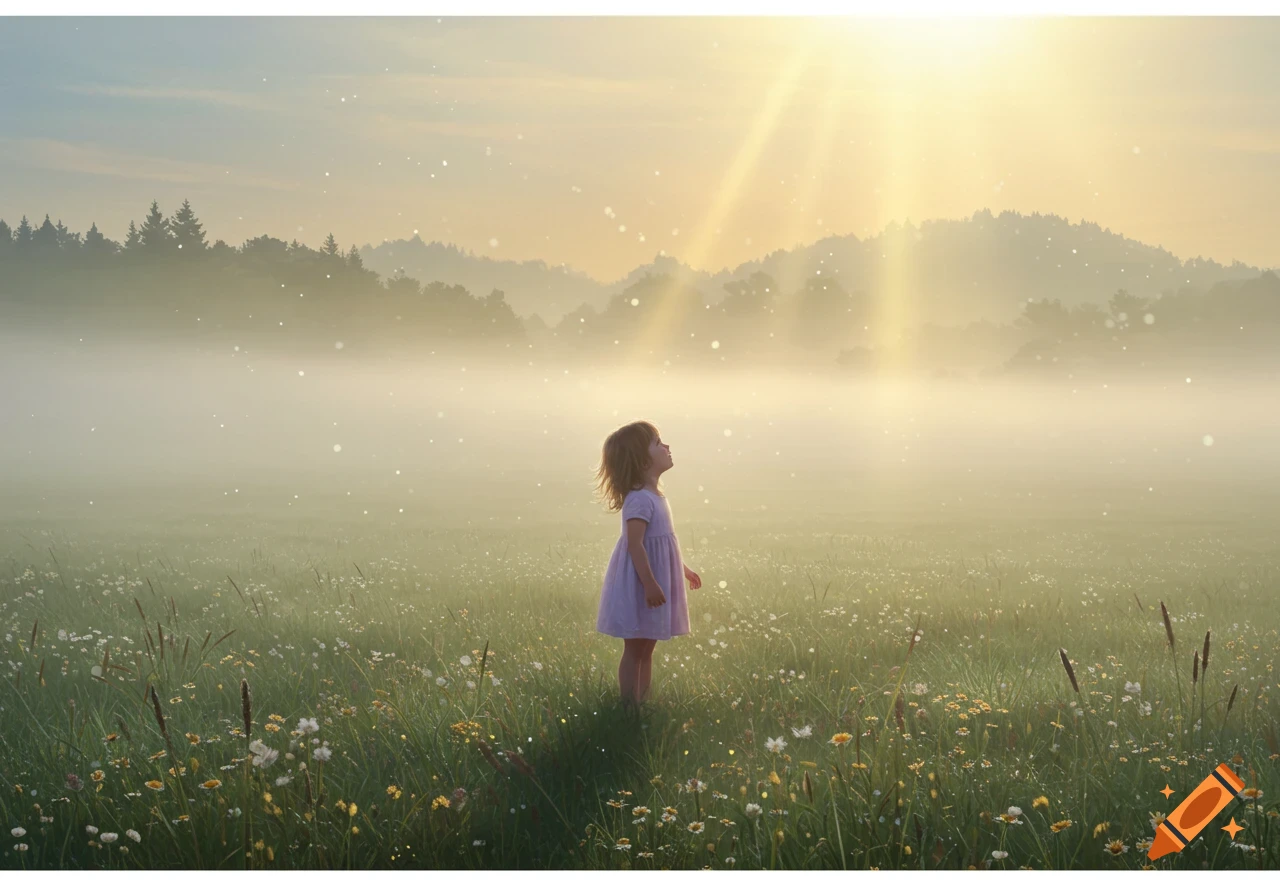 A little girl in a light dress stands in a vast, misty field of wildflowers, looking up at bright sunbeams shining through the fog.