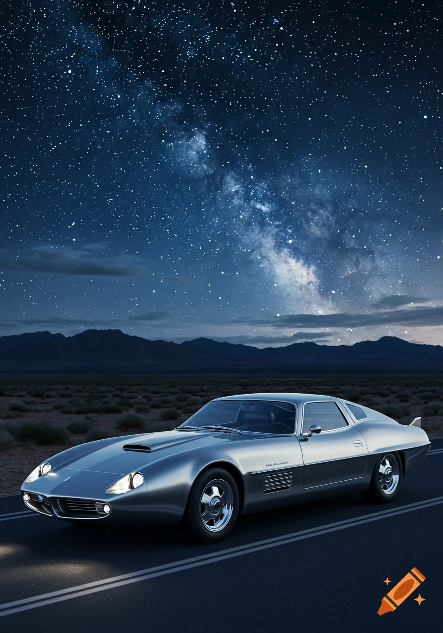 A sleek, silver vintage-style sports car is parked on a desert road under a vivid starry night sky with the Milky Way visible.