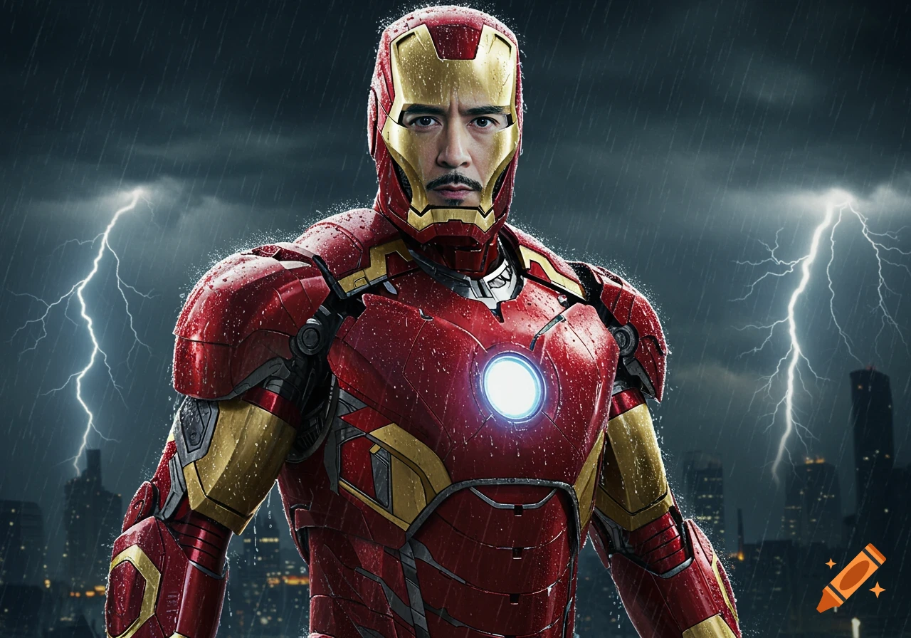 Iron Man with an exposed human face and moustache stands in heavy rain with lightning in the stormy sky over a city.