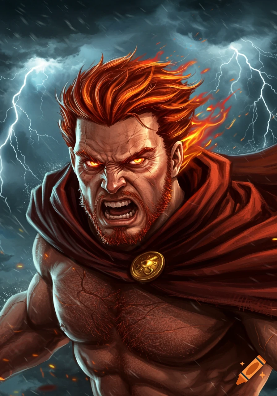 A muscular, enraged man with fiery red hair, glowing eyes, and a red cape screams under a stormy sky with lightning.