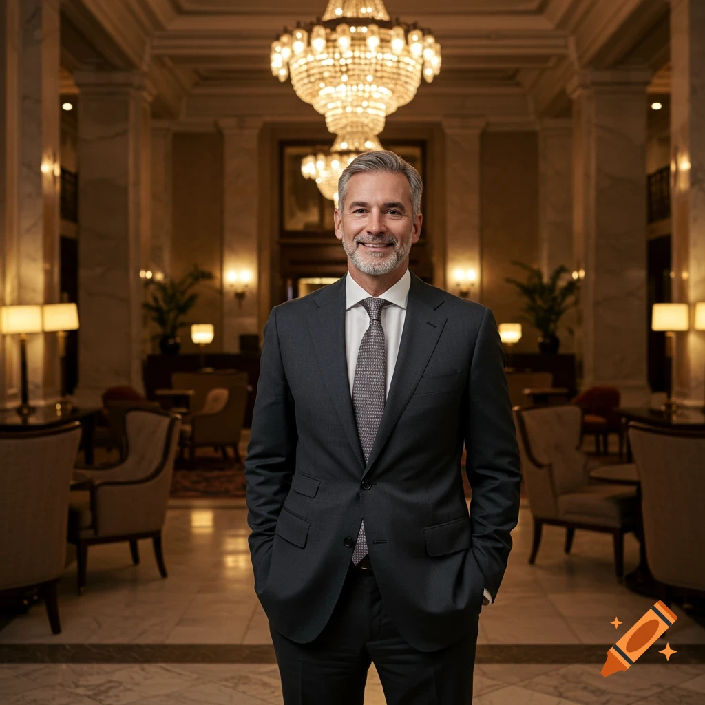 Smiling man with gray hair in a dark suit and tie, hands in pockets, standing in a luxurious hotel lobby with chandeliers.