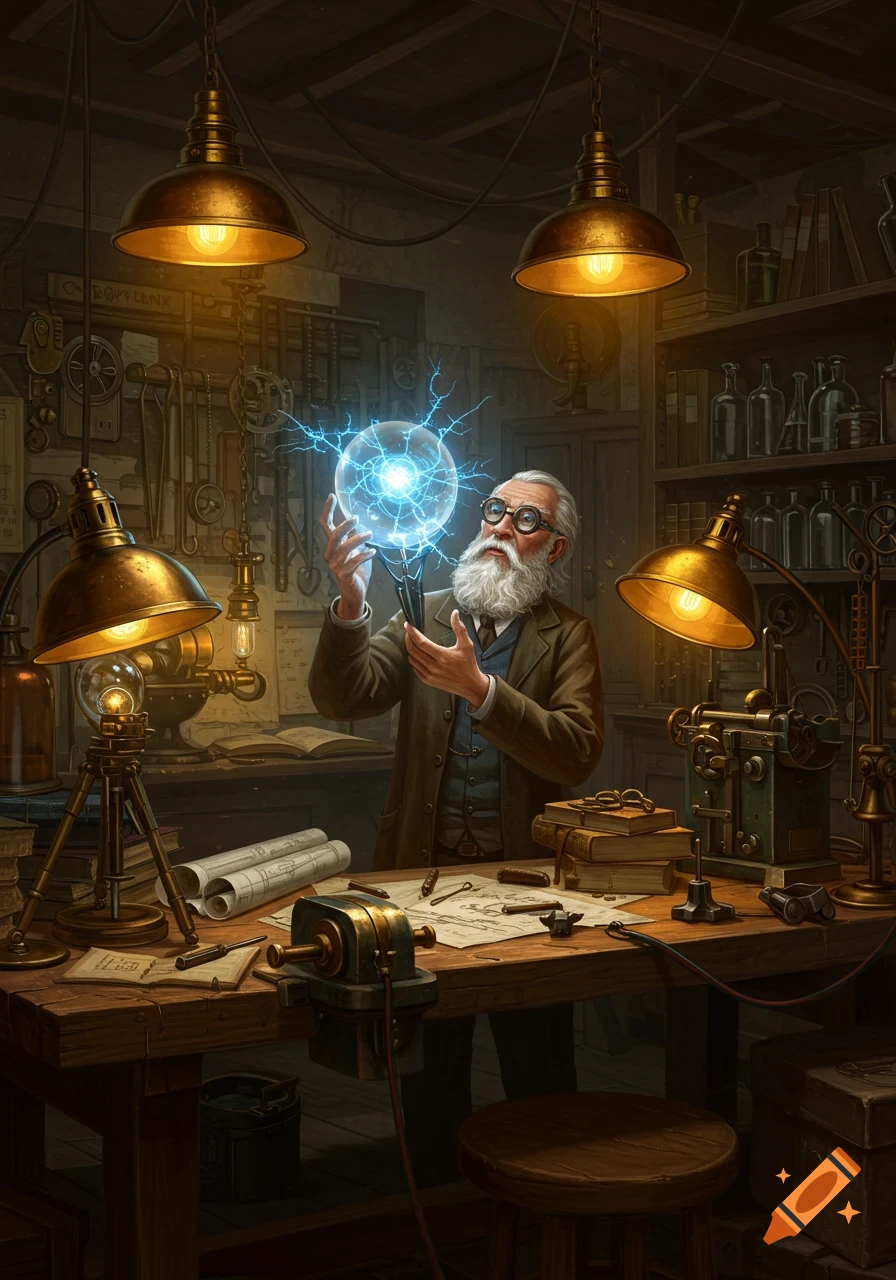 An old inventor with a white beard and spectacles holds a glowing blue electric orb in a dimly lit, cluttered steampunk laboratory.