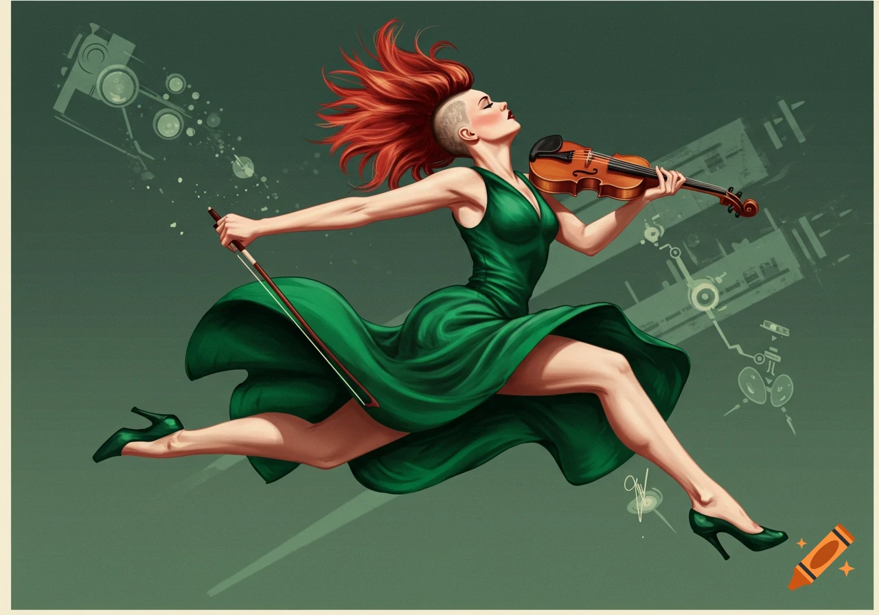 A woman with red punk hair and a green dress plays a violin mid-jump, against a retro sci-fi background.