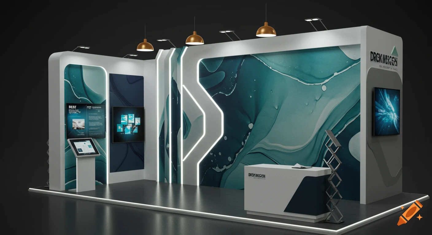 A modern tradeshow booth with white and teal abstract panels, multiple screens displaying graphics, a reception desk, and golden pendant lights.
