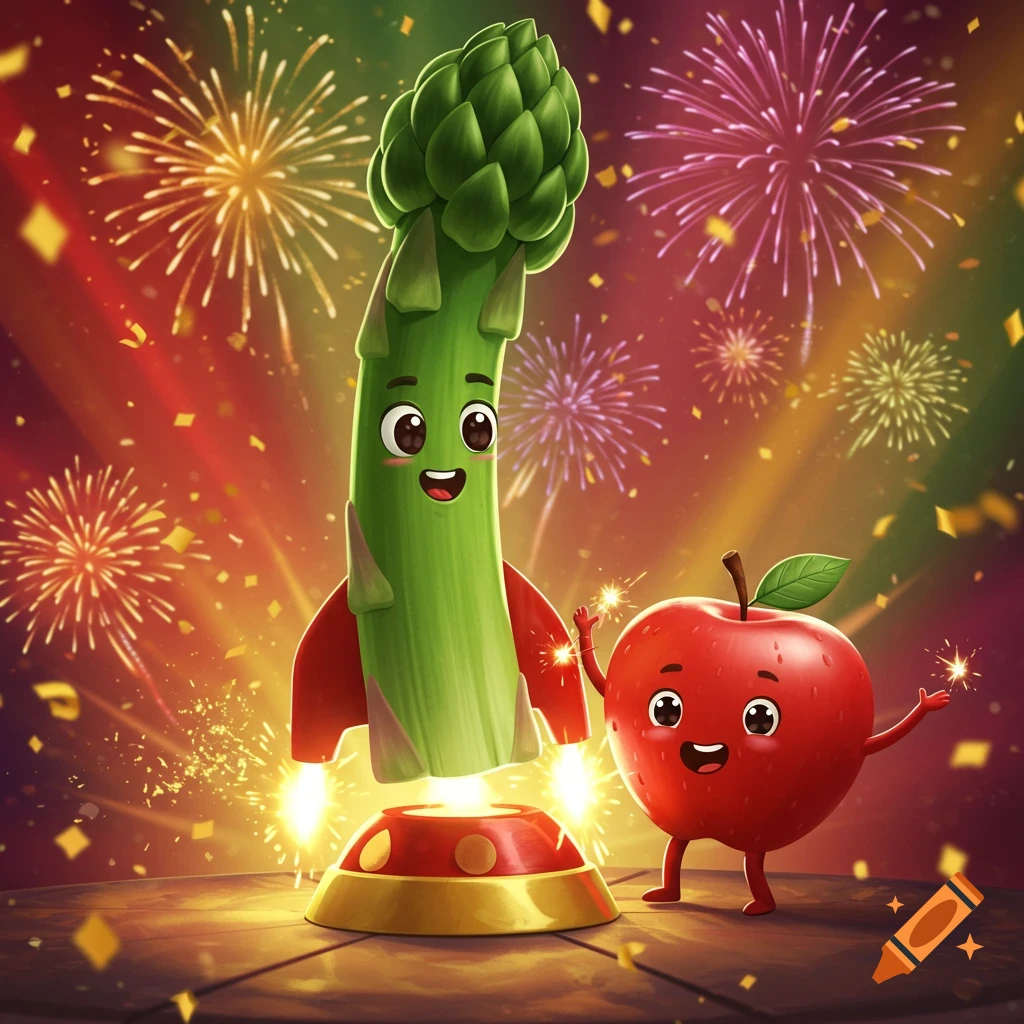 A cheerful cartoon asparagus rocket launches with an apple holding sparklers amidst fireworks and confetti.