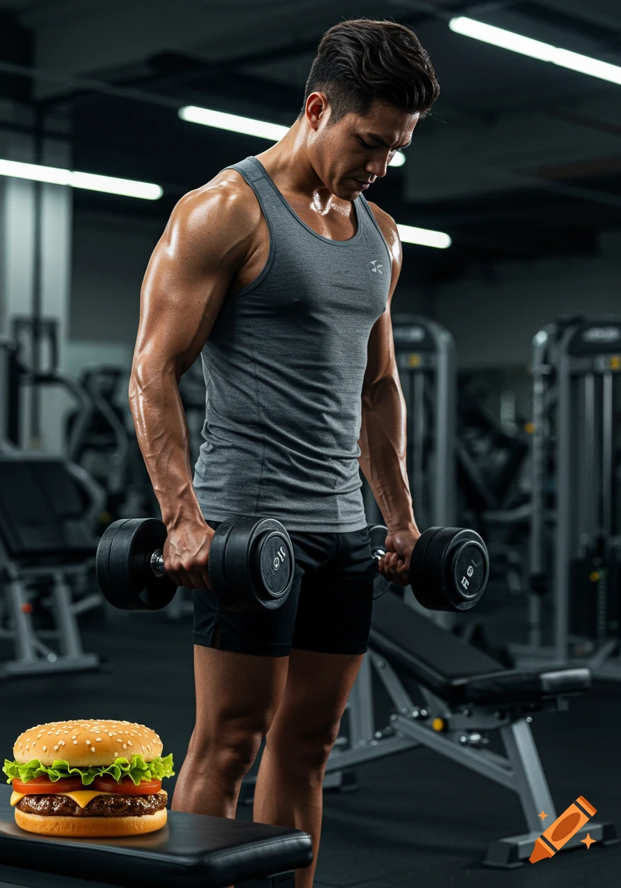 A muscular man in a grey tank top and shorts lifts dumbbells in a gym, with a cheeseburger on a bench nearby. Photorealistic style.