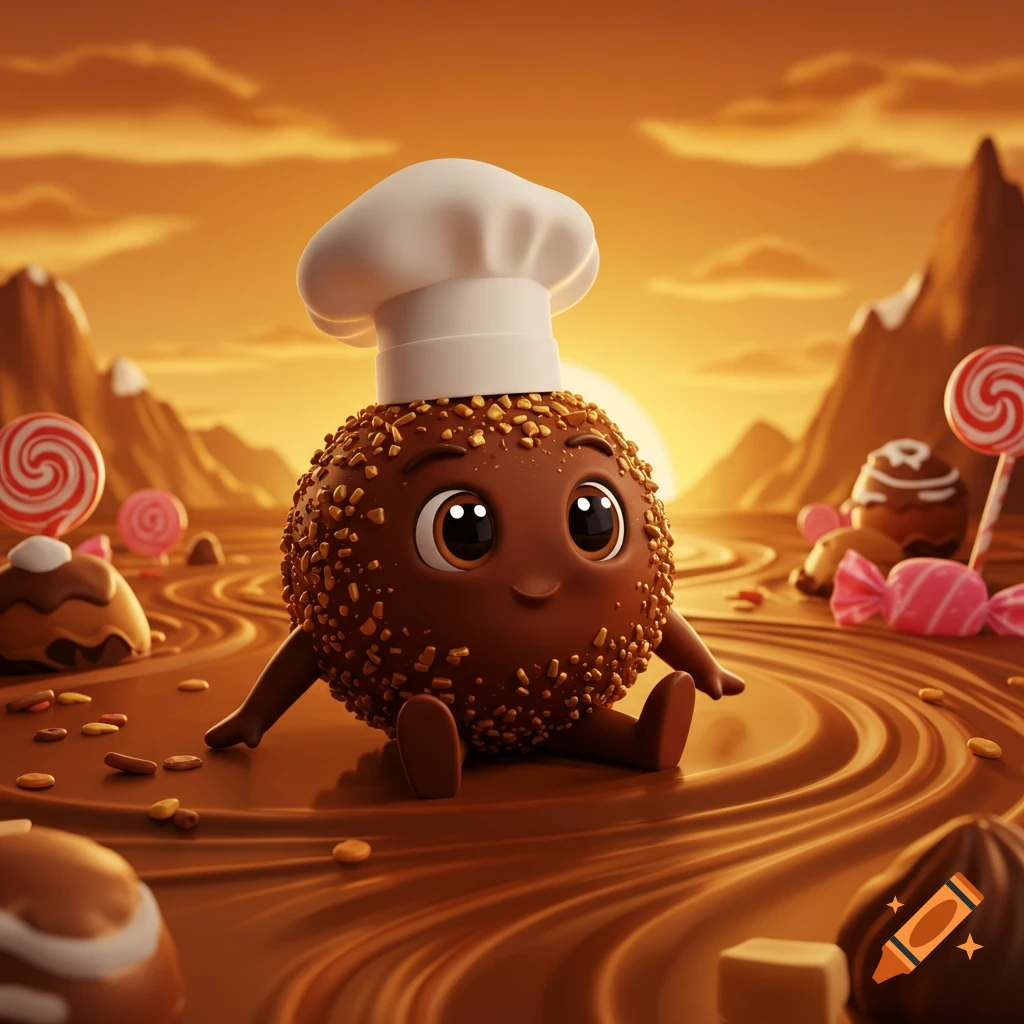 A cute, smiling chocolate truffle character wearing a chef's hat, sitting in a river of chocolate with candy mountains and lollipops at sunset.