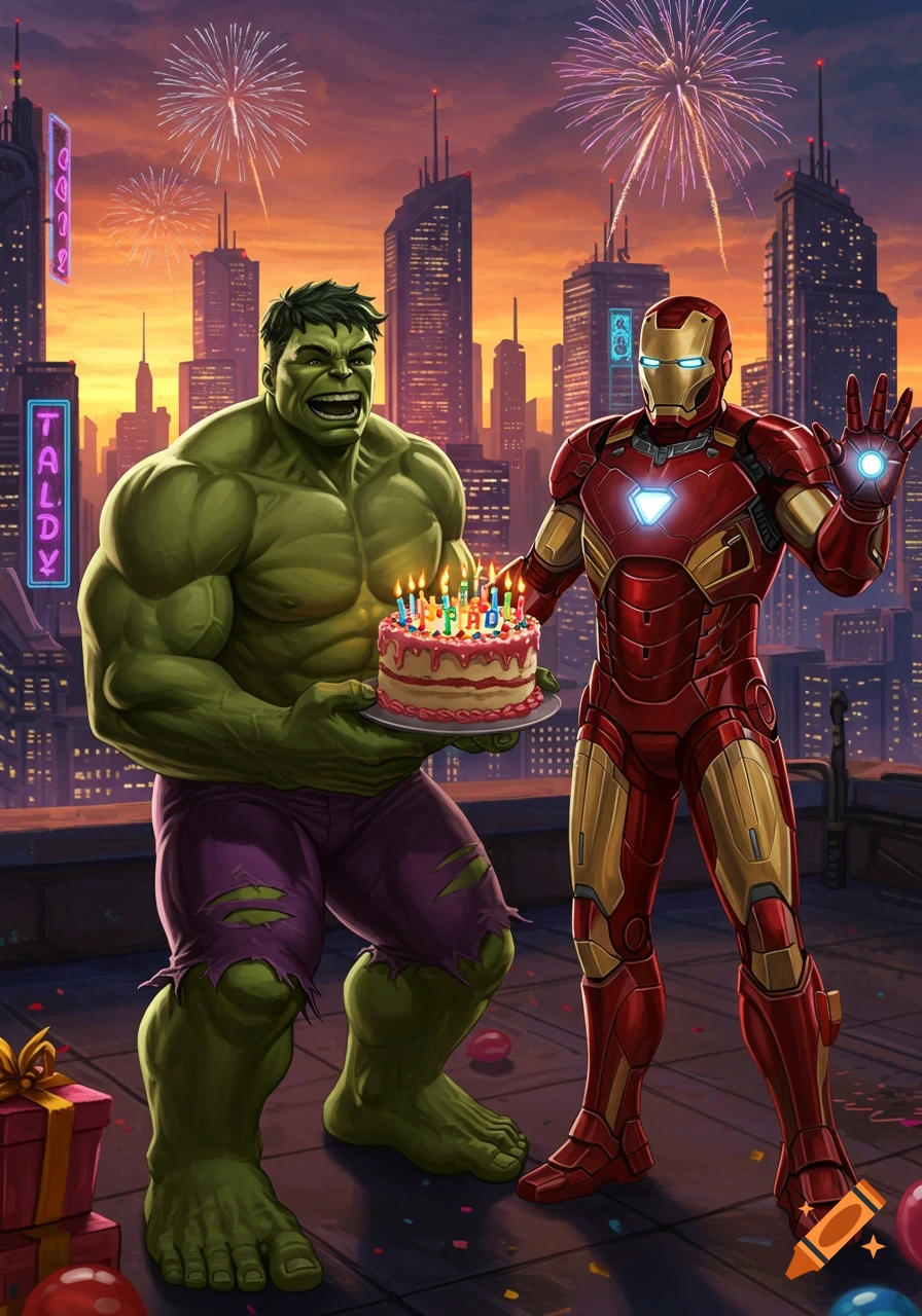 Hulk and Iron Man celebrate a birthday on a city rooftop at sunset with fireworks. Hulk holds a cake with lit candles.