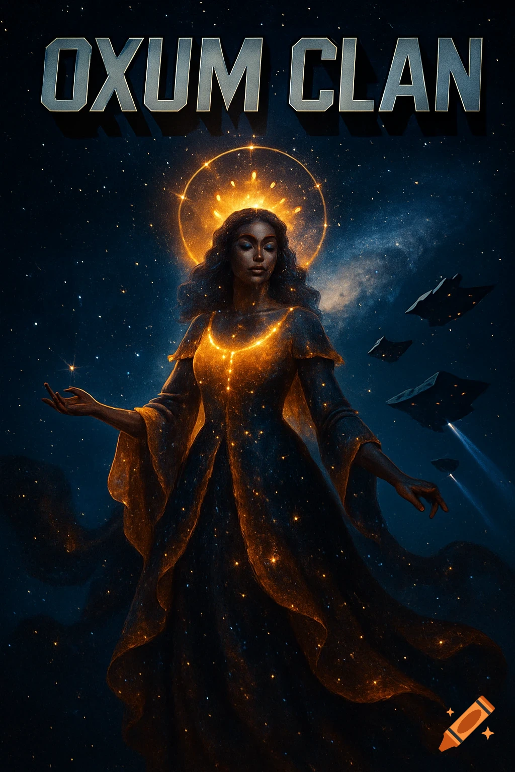 A goddess-like woman with a glowing halo and dress floats in starry space as spacecraft approach. Text reads "OXUM CLAN".