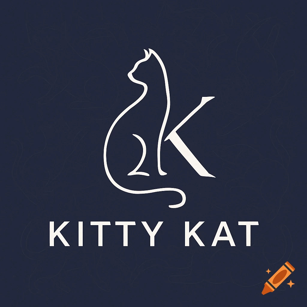 A minimalist white line-art cat and K logo with "KITTY KAT" text on a dark blue background.