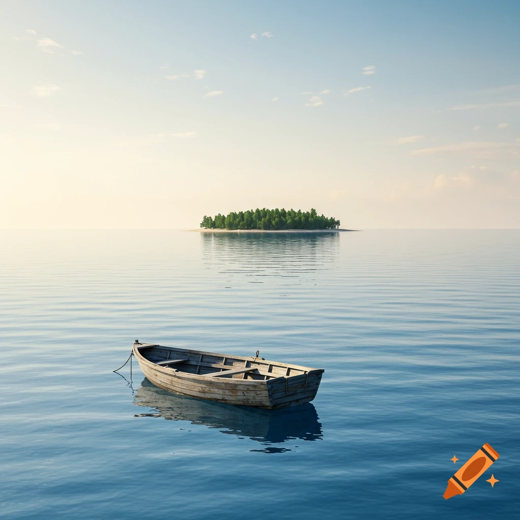 A small wooden boat floats on calm blue water, with a distant forested island under a bright, clear sky.