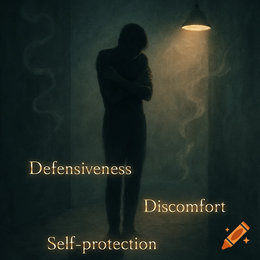 A shadowy, hunched figure with crossed arms stands under a single lamp in a dark room, labeled 'Defensiveness', 'Discomfort', 'Self-protection'.