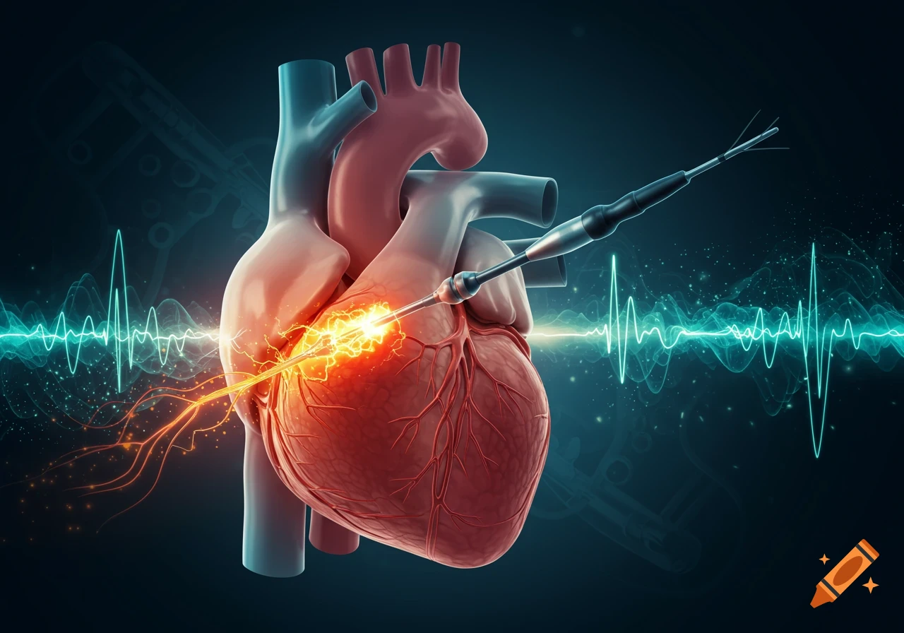 3D medical illustration of a human heart undergoing radiofrequency ablation with an energy probe, glowing electricity, and waveforms.