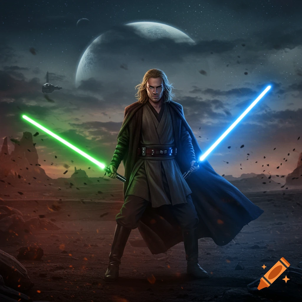A blonde male Jedi in dark robes holds green and blue lightsabers on a rocky alien planet under a moonlit sky with a spaceship.