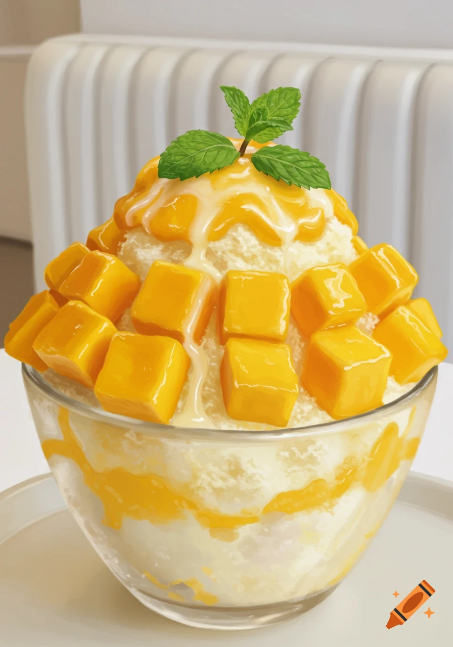 Vibrant illustration of mango bingsu: shaved ice with yellow mango cubes, white sauce, and mint leaves in a glass bowl.