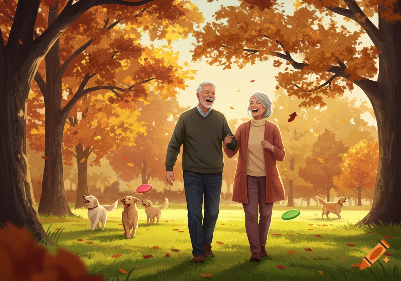 An illustrated elderly couple walks and laughs with three dogs in a vibrant autumn park, with leaves falling and frisbees in the air.