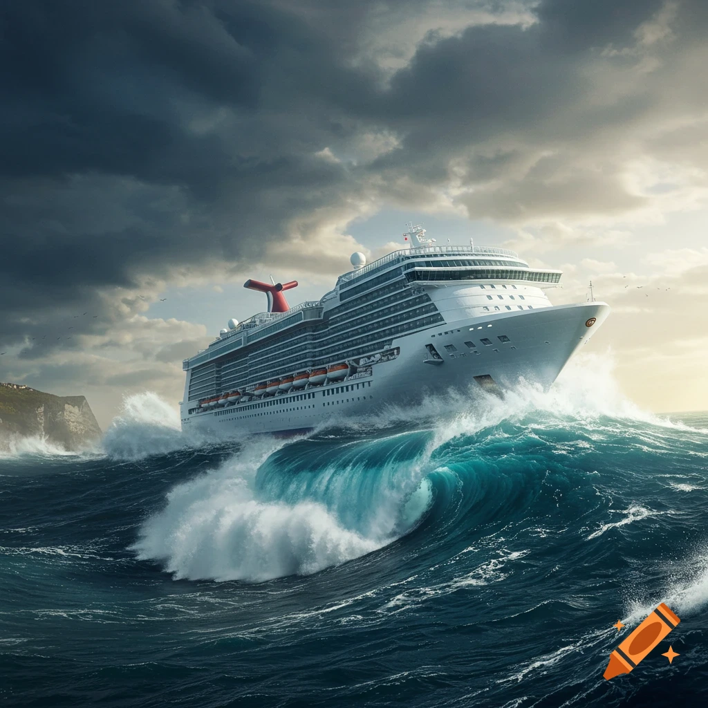 A large white cruise ship with red funnels rides a massive, breaking blue wave under a dramatic, stormy sky near cliffs.