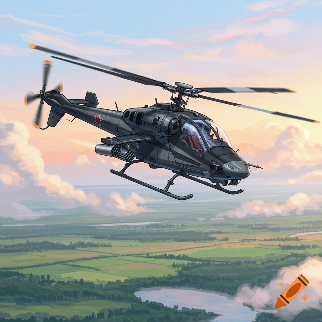 A dark grey cartoon Kamov Ka-50 helicopter with red stars flies over a green landscape with a river at sunset.