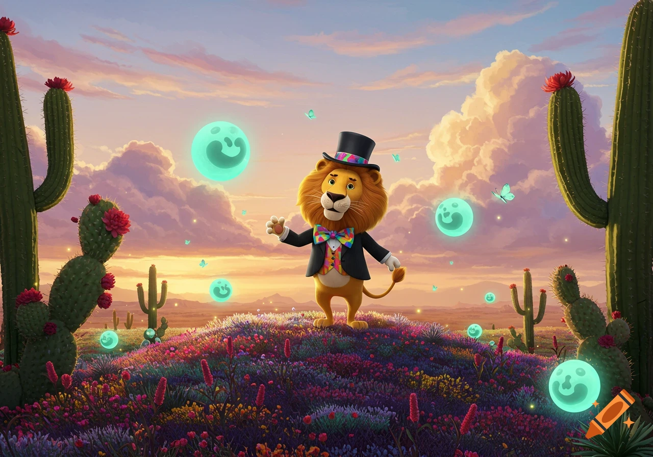 A cartoon lion in a suit and top hat stands on a colorful wildflower hill in a desert landscape with cacti, glowing orbs, and butterflies under a sunset sky.