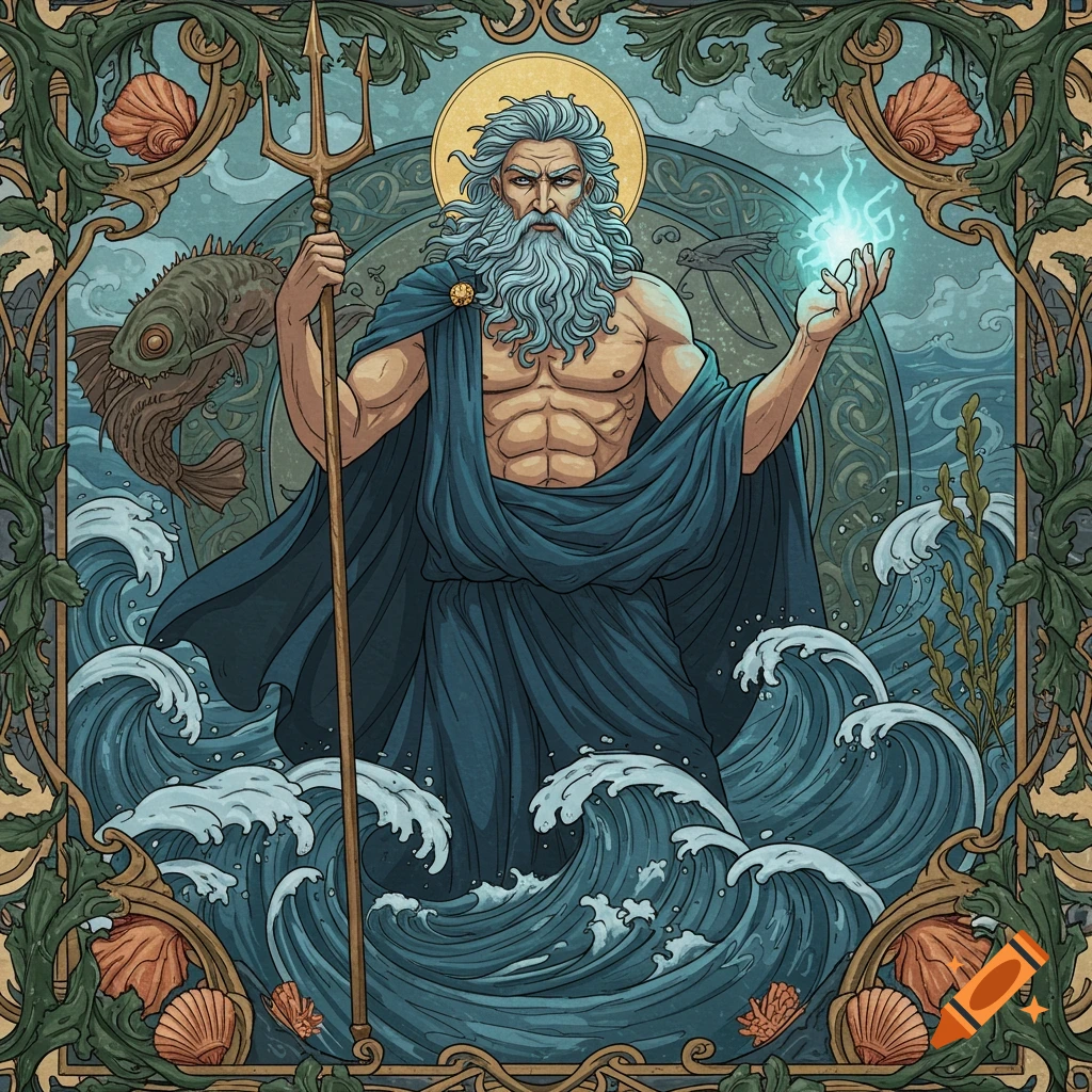 Blue-bearded Poseidon, god of the sea, stands with a trident amidst crashing waves, framed by an ornate Art Nouveau border.