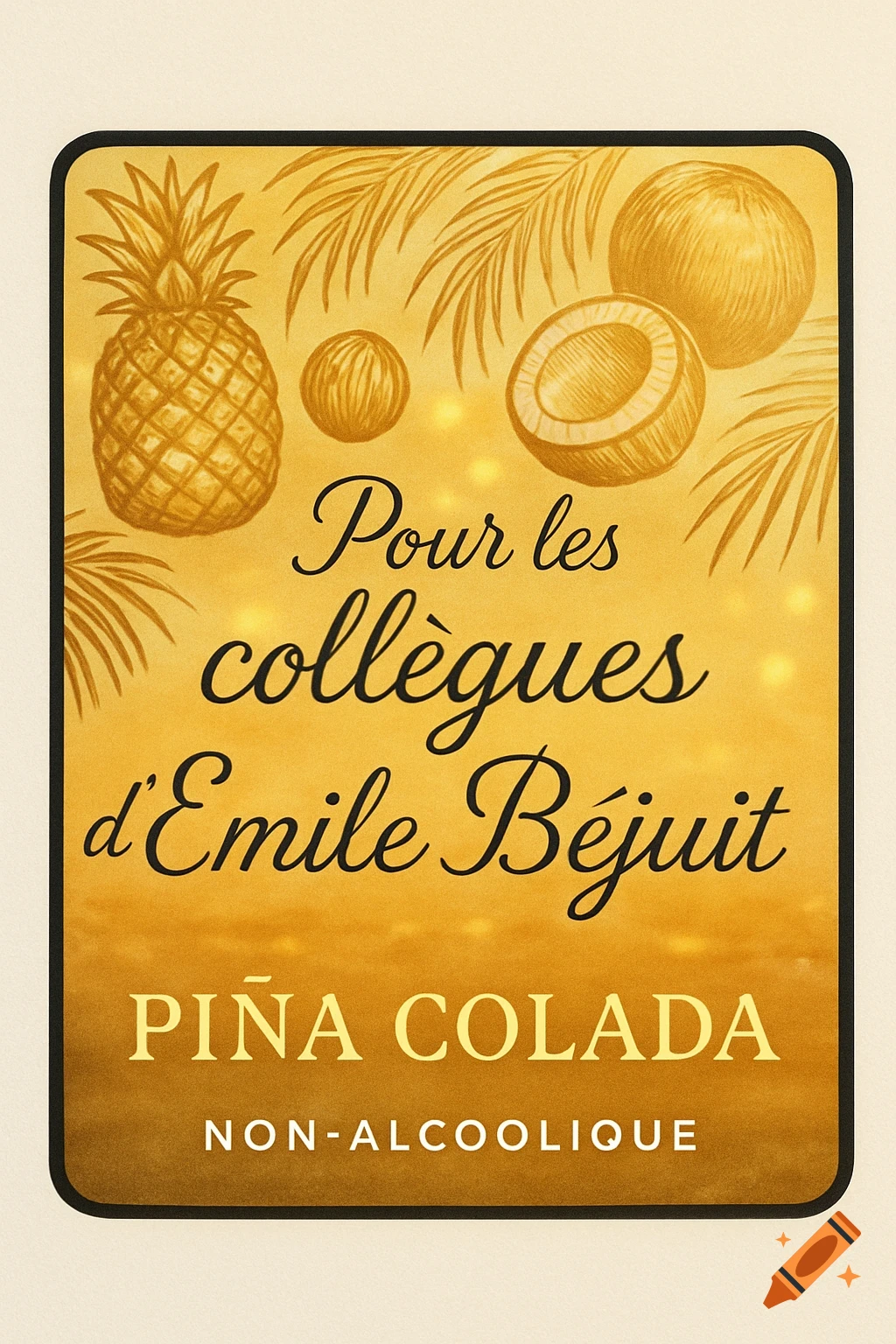 Golden tropical Pina Colada label with pineapple, coconuts, and palm leaves illustrations. Text: 'Pour les collègues d'Emile Béjuit', 'PIÑA COLADA', 'NON-ALCOOLIQUE'.